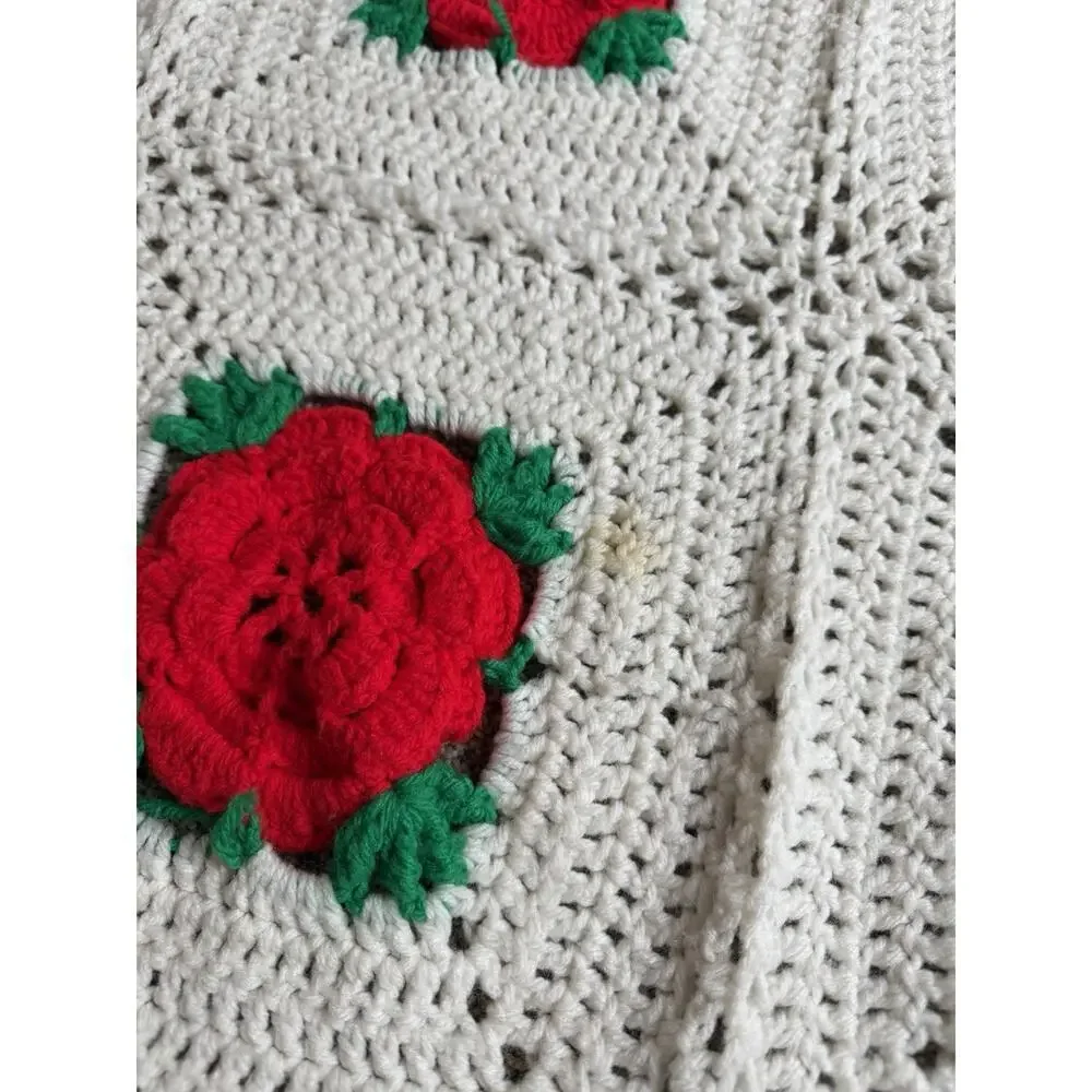Vintage Handmade Crochet Afghan Blanket Red Roses Flower Throw XL 90in X 80in